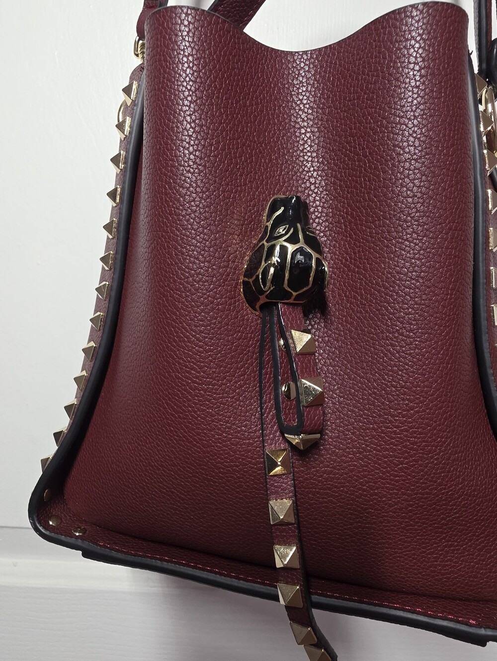 Studded Burgundy Leather Bucket Bag - Picture 15 of 16